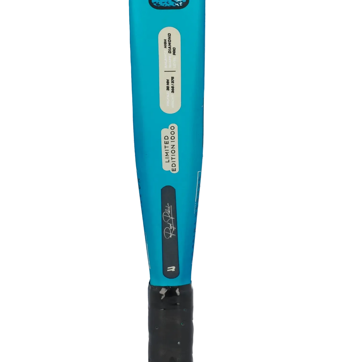 Blue tennis racket with branding on a white background