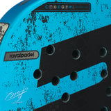 Close-up of a blue and black paddle with branding and text.