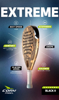 Cork Padel Extreme Black II paddle shown on a dark blue and black gradient background with feature callouts including exit speed, stiffness, comfort, shape, player level, and balance.