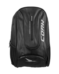 Black backpack with 'Cork' branding on a light gray background
