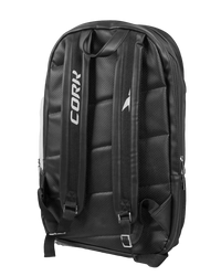 Black backpack with 'Cork' branding on a light gray background