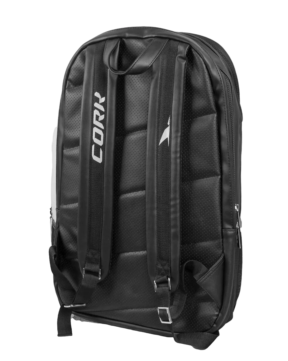 Black backpack with 'Cork' branding on a light gray background