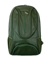 A dark green backpack with matching green zippers and side pockets, featuring a vertical embossed logo on the right side, shown against a light gray background.