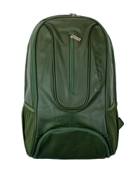 A dark green backpack with matching green zippers and side pockets, featuring a vertical embossed logo on the right side, shown against a light gray background.