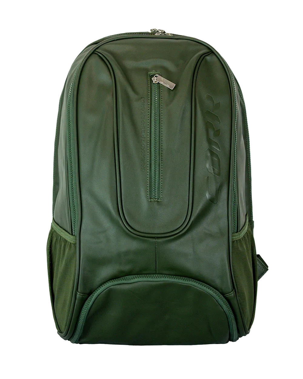 A dark green backpack with matching green zippers and side pockets, featuring a vertical embossed logo on the right side, shown against a light gray background.