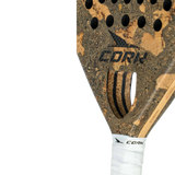 Close-up of a cork padel with cork and wood texture on a white background