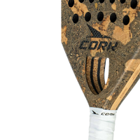 Close-up of a cork padel with cork and wood texture on a white background