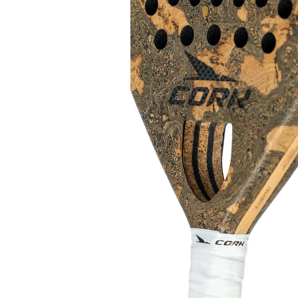 Close-up of a cork padel with cork and wood texture on a white background