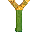 Green garden tool with wooden handle on a white background