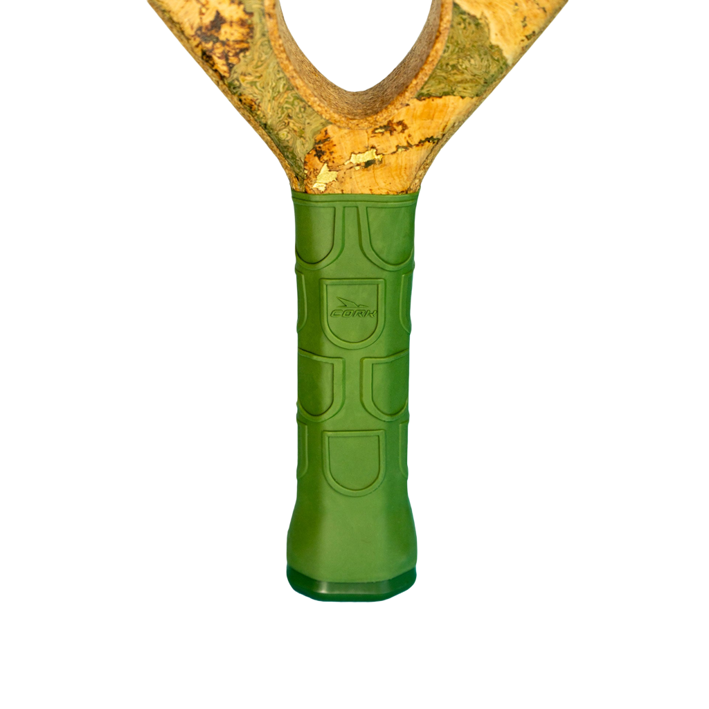 Green garden tool with wooden handle on a white background
