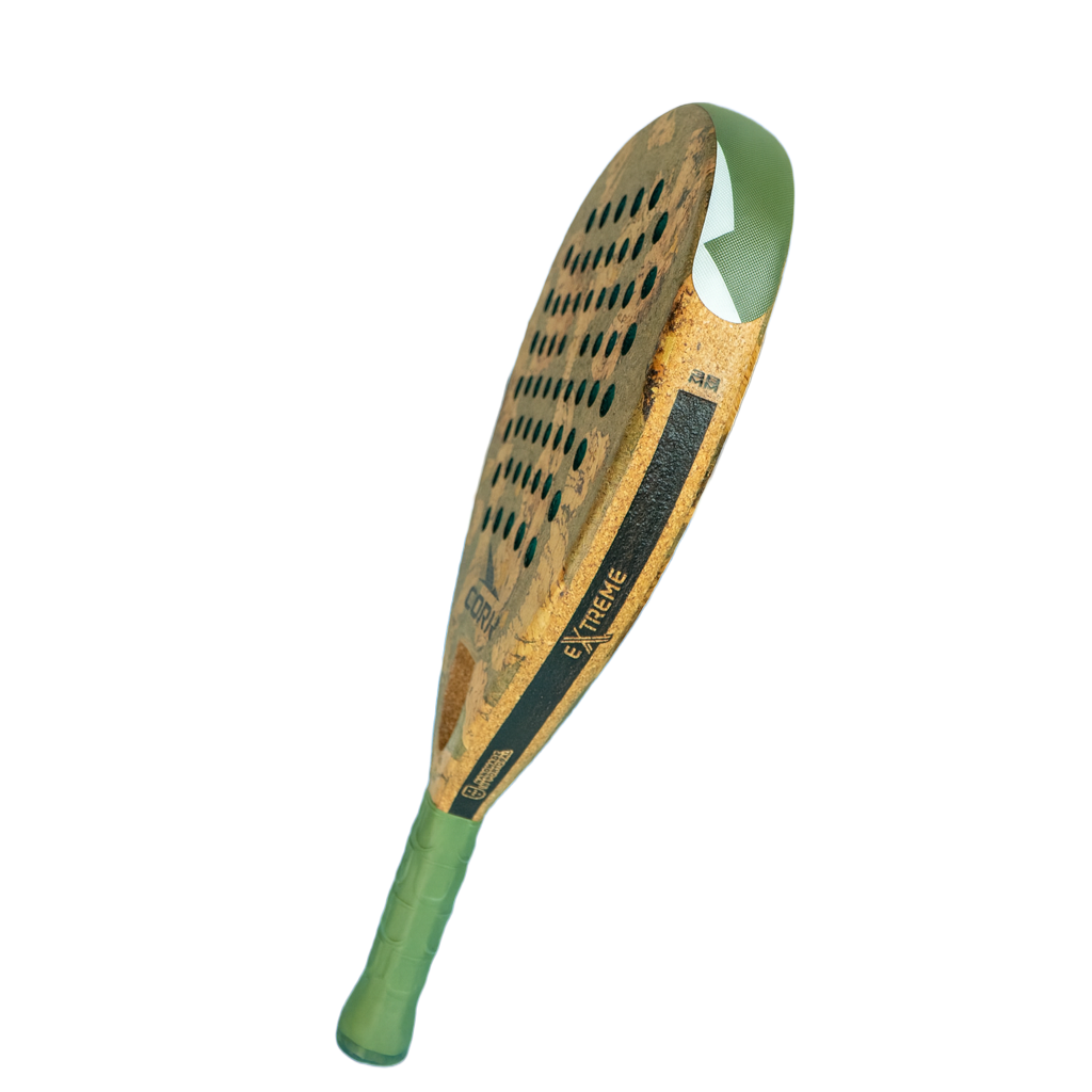 Wooden paddle with green handle and detailing on a white background