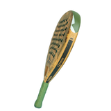 Wooden paddle with green handle and detailing on a white background