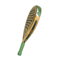 Wooden paddle with green handle and detailing on a white background
