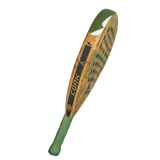 Wooden paddle with green handle on a white background