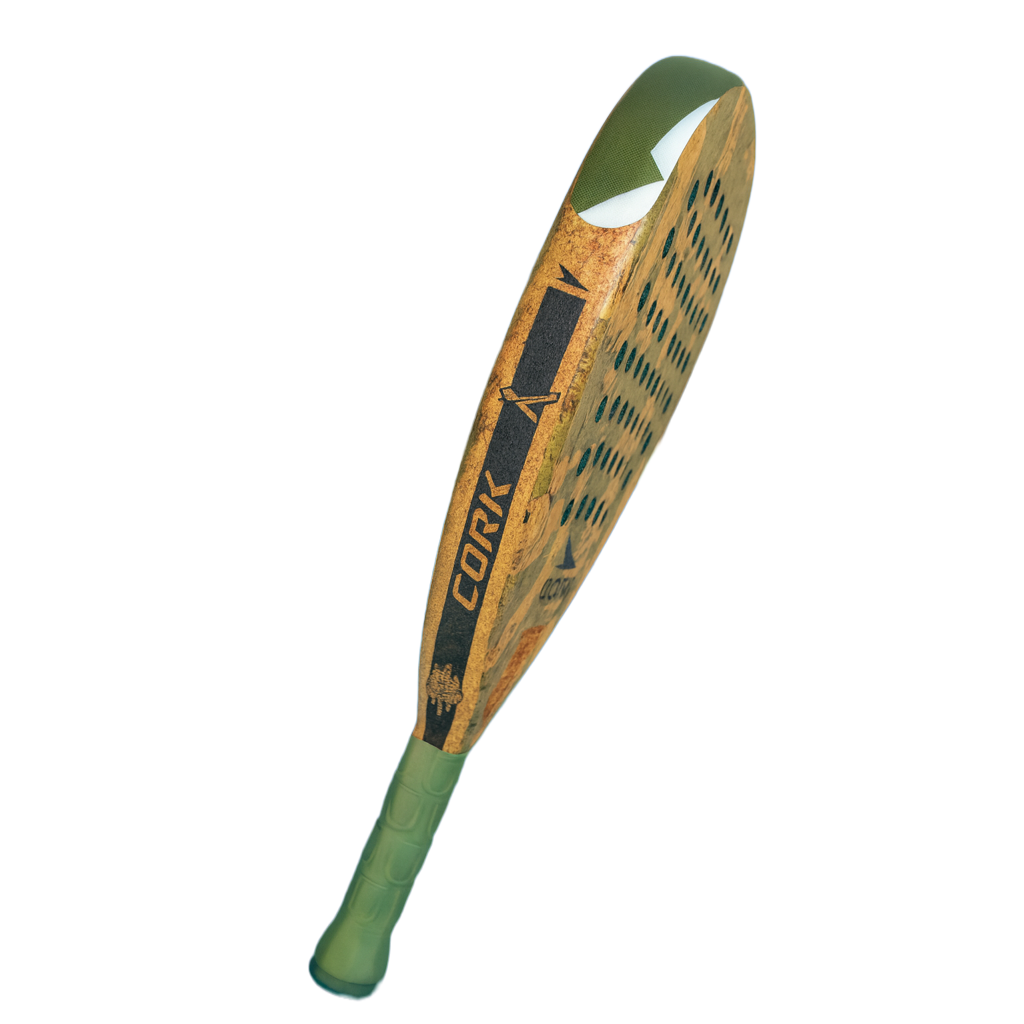 Wooden paddle with green handle on a white background