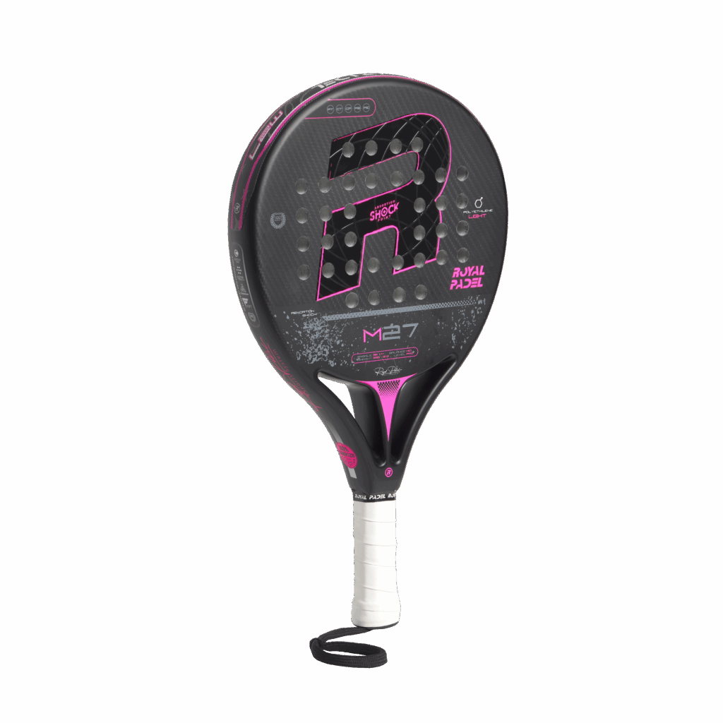 Padel with black and pink design on a gray background