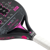 Close-up of a black and pink Padel racket with visible branding on a white background