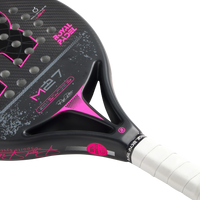 Close-up of a black and pink Padel racket with visible branding on a white background