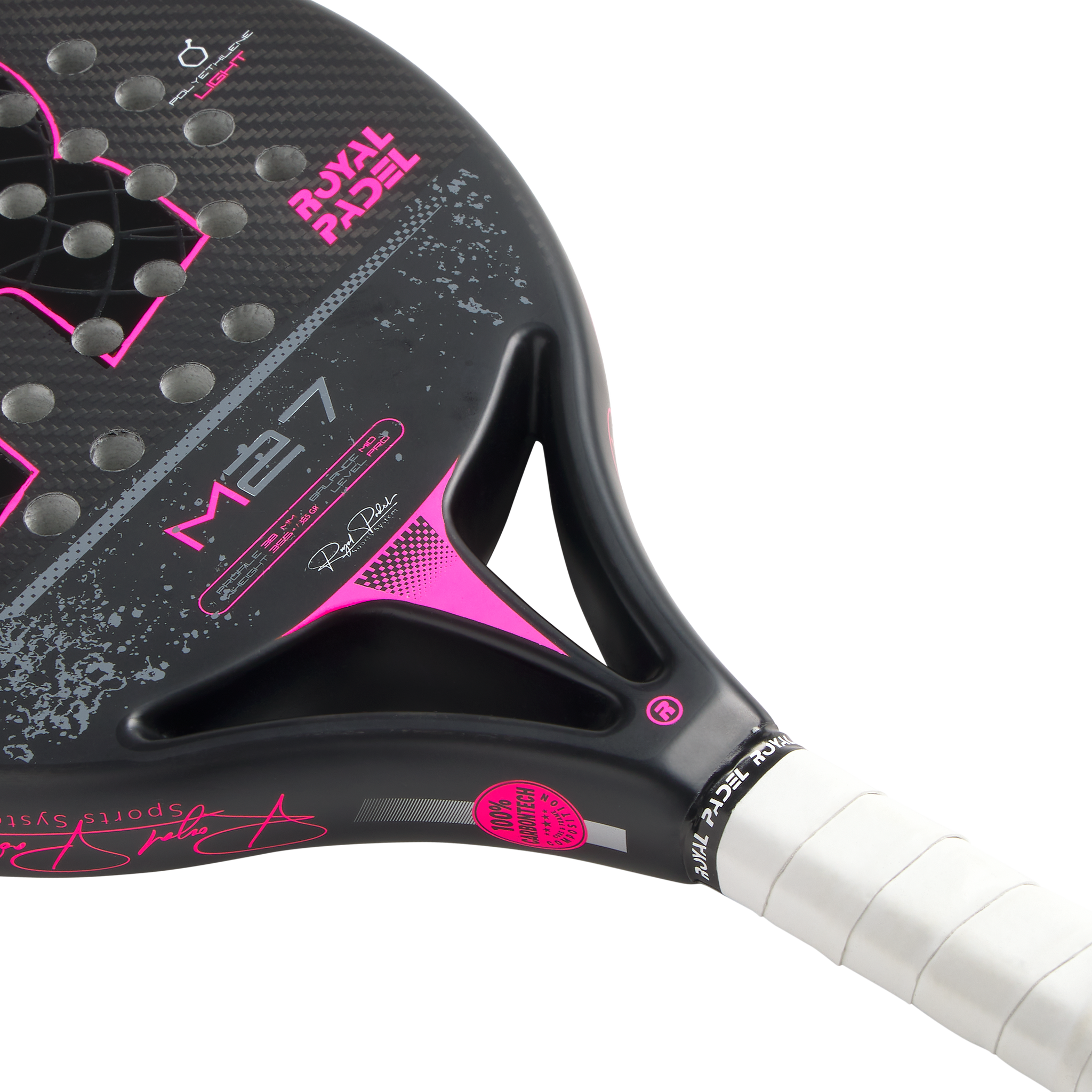 Close-up of a black and pink Padel racket with visible branding on a white background