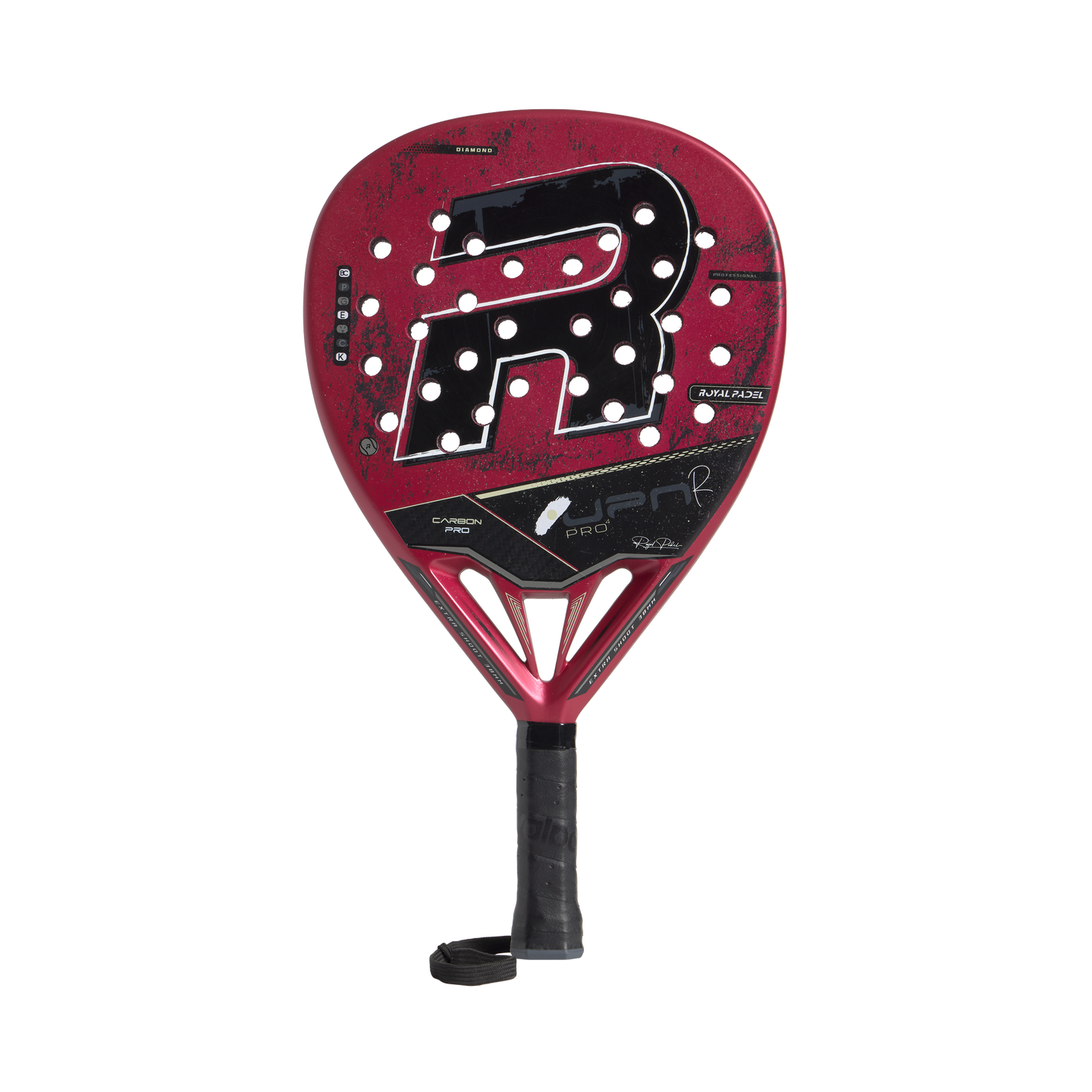 Red and black sports racket with a brand logo on a white background