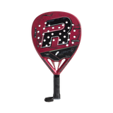 Red and black sports racket with a brand logo on a white background