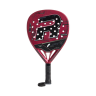 Red and black sports racket with a brand logo on a white background