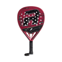 Red and black sports racket with a brand logo on a white background