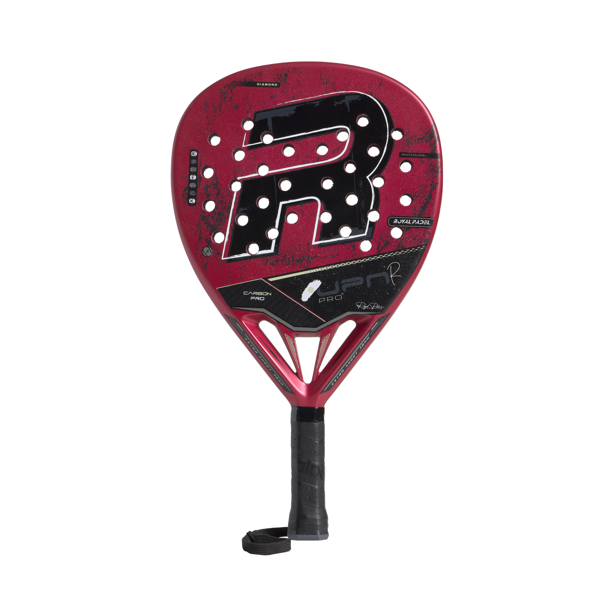 Red and black sports racket with a brand logo on a white background