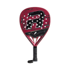 Red and black sports racket with a brand logo on a white background
