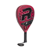 Red and black padel racket with a brand logo on a white background