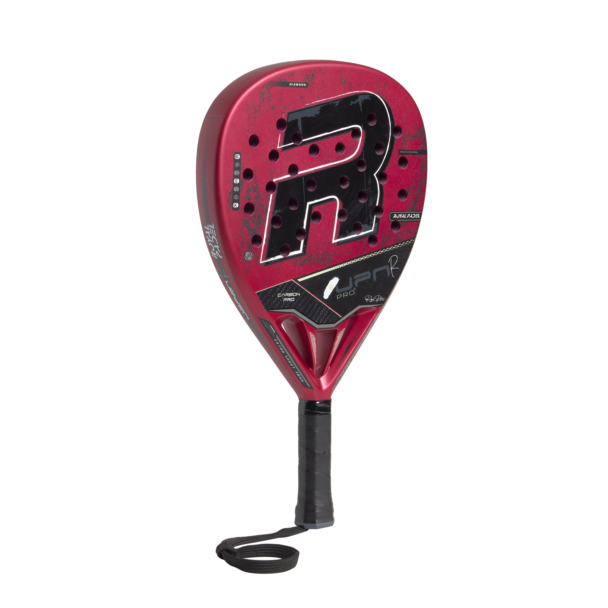 Red and black padel racket with a brand logo on a white background