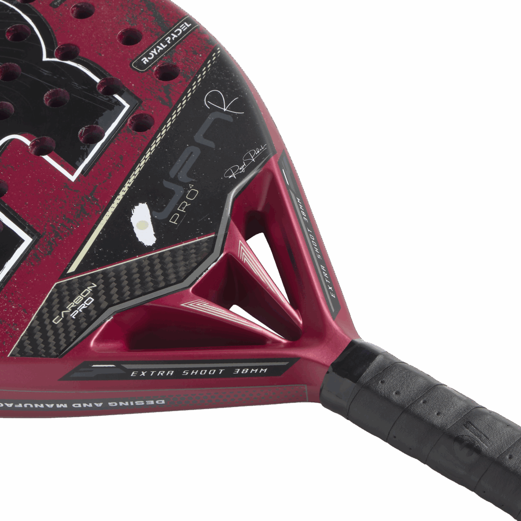 Close-up of a red and black padel racket with branding