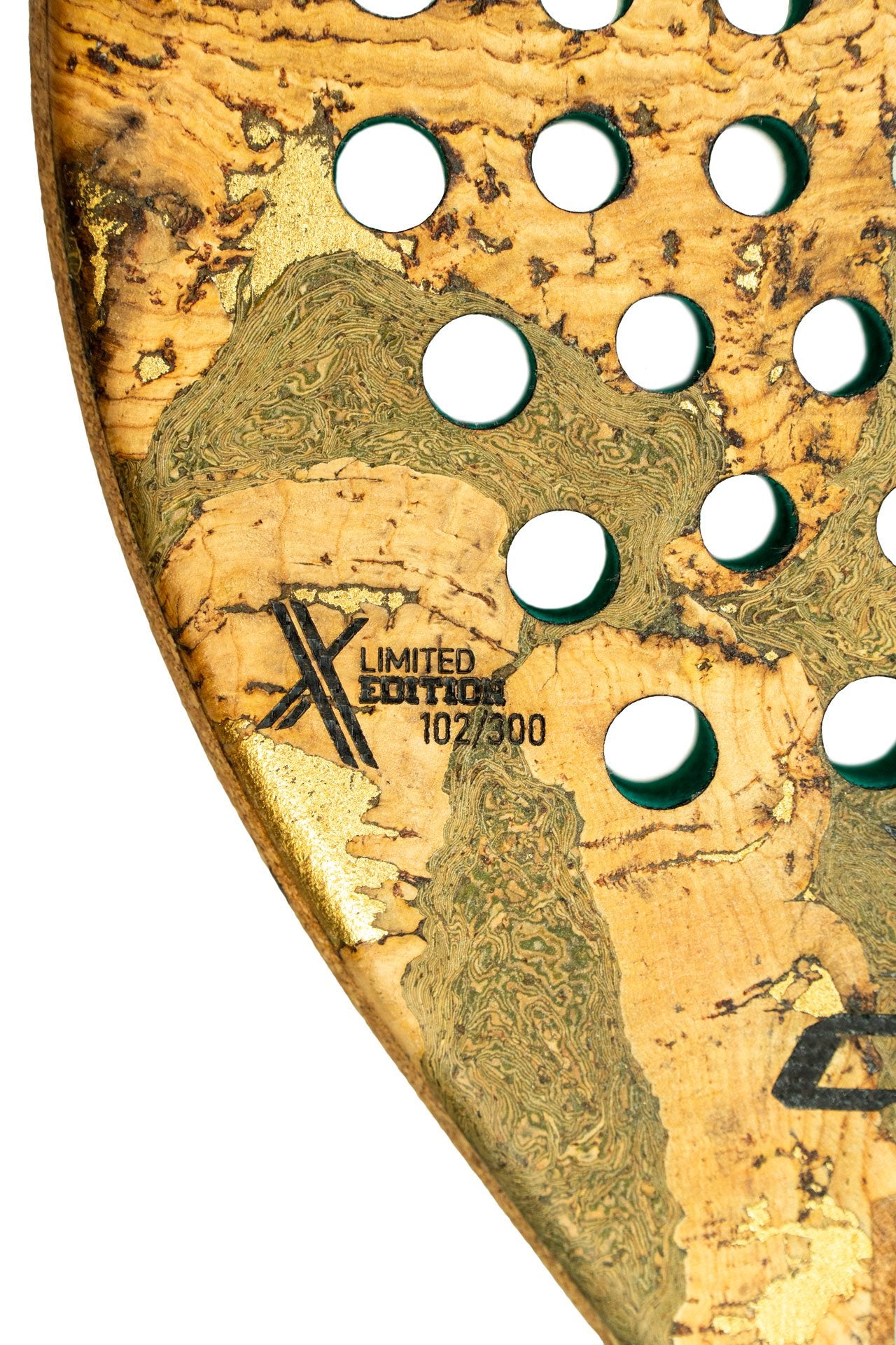 Close-up of a cork surface with circular holes and 'Limited Edition' branding.