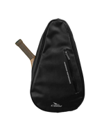 Black sling bag with cork logo on a light gray background