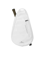 White crossbody bag with a brown strap on a light gray background