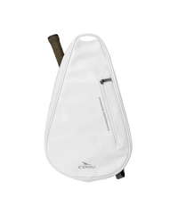 White crossbody bag with a brown strap on a light gray background