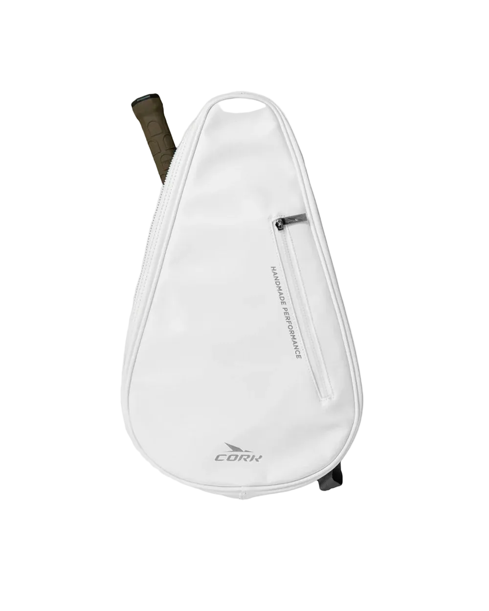 White crossbody bag with a brown strap on a light gray background