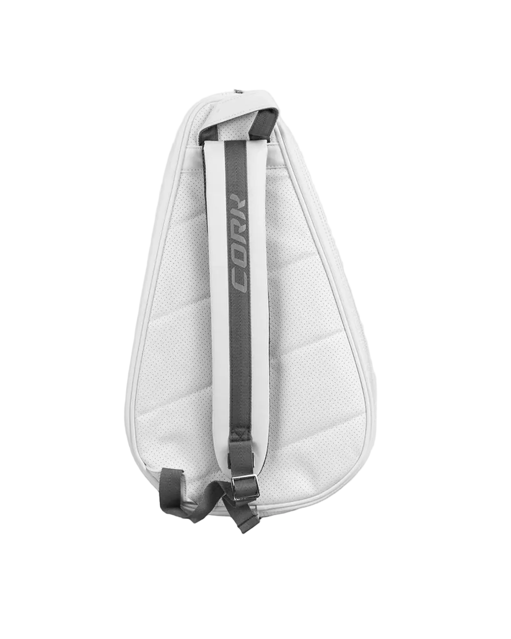 A white teardrop-shaped tennis bag with a gray vertical strap featuring the brand name 'CORR' in gray, shown against a solid light gray background.