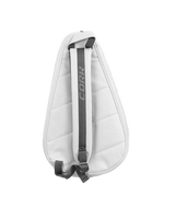 A white teardrop-shaped tennis bag with a gray vertical strap featuring the brand name 'CORR' in gray, shown against a solid light gray background.