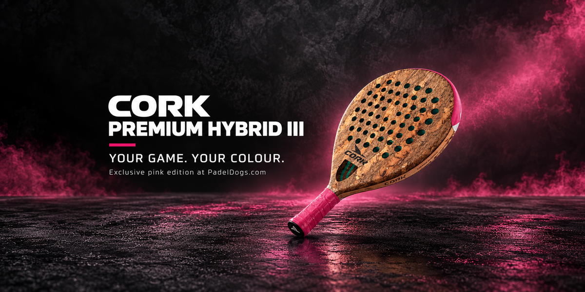A single padel racket shown at an angle on a dark reflective surface with pink mist and lighting. Large text on the left reads 'CORK PREMIUM HYBRID III' with smaller text 'YOUR GAME.