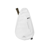 A white teardrop-shaped CORK padel bag with a vertical zippered pocket and a dark brown grip visible at the top, shown on a plain white background.