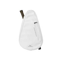 A white teardrop-shaped CORK padel bag with a vertical zippered pocket and a dark brown grip visible at the top, shown on a plain white background.
