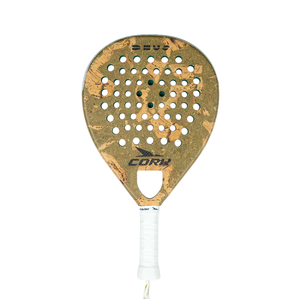 Padel racket with cork surface and white handle on a white background