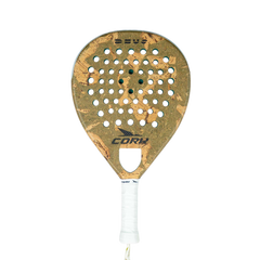 Padel racket with cork surface and white handle on a white background