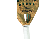 Cork padel with cork texture and white handle on a white background