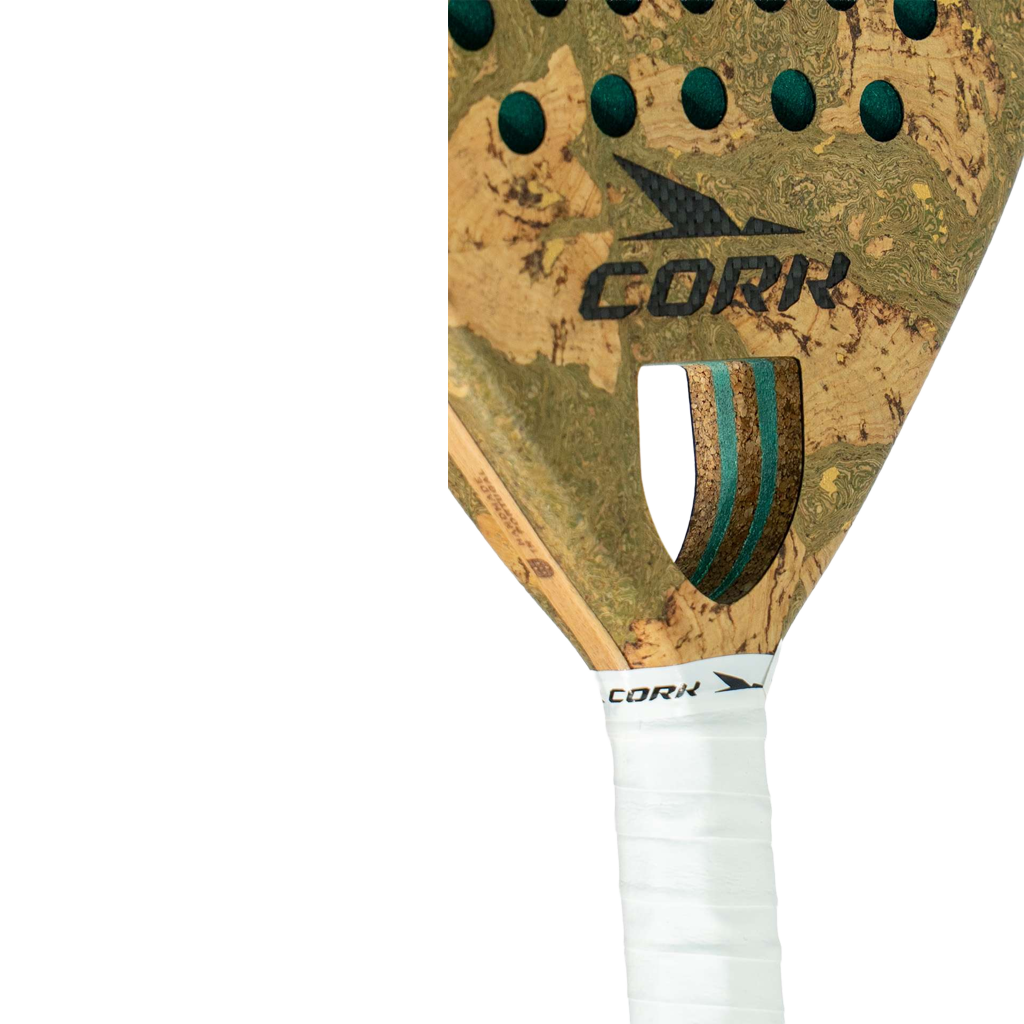 Cork padel with cork texture and white handle on a white background
