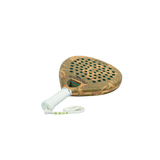 Wooden padel with a white handle on a white background