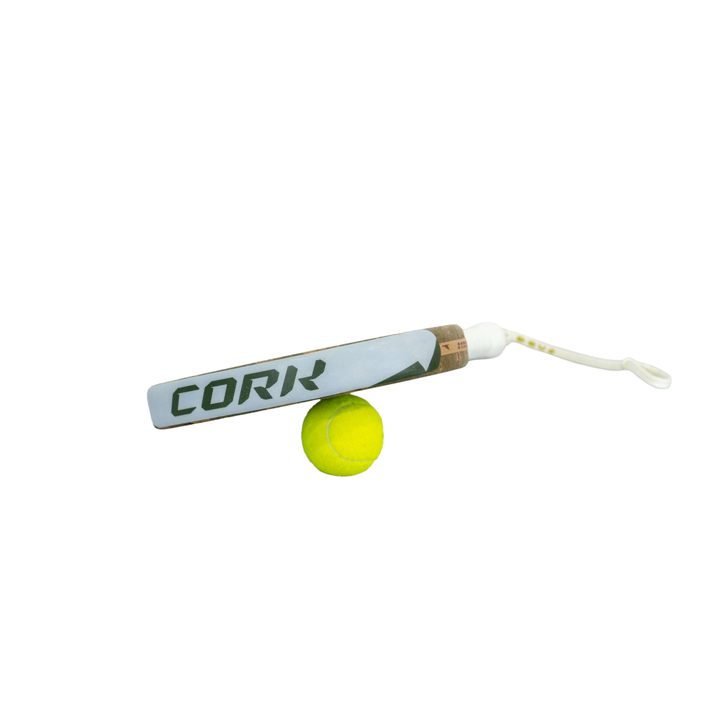 Cork padel bat with a yellow ball on a white background