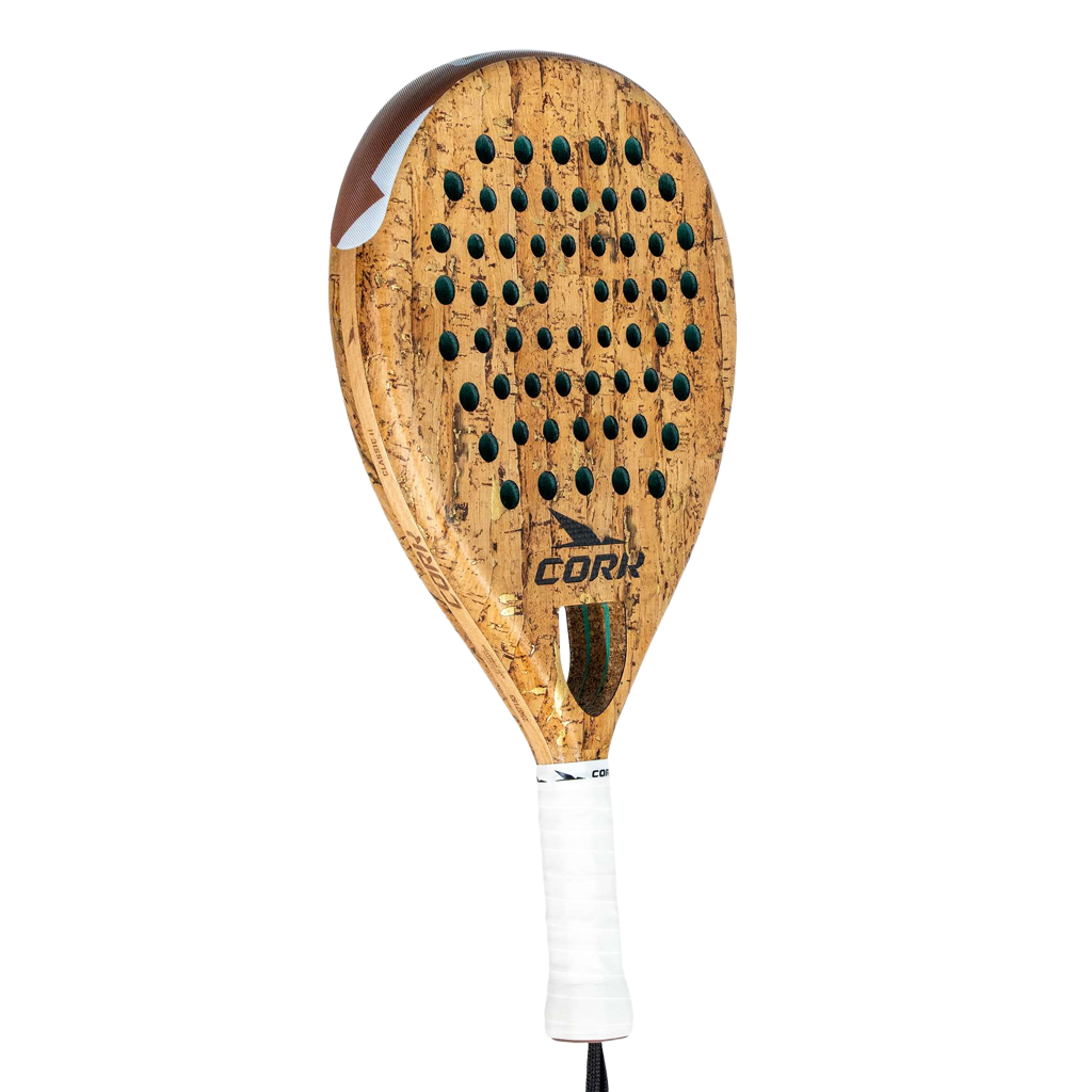 Wooden padel racket with cork texture on a white background